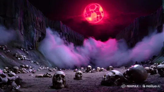 Lord of Bones and Monster of Shadows Confront in Haunted Valley – AI Generated Video | Hailuo AI