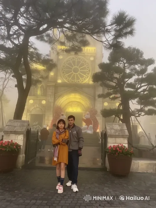 Couple Performs Kung Fu in Front of Misty Cathedral – AI Generated Video | Hailuo AI