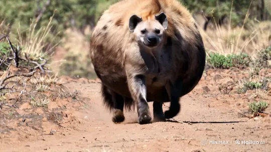Fat Hyena with Bloated Belly Runs Past Camera – AI Generated Video | Hailuo AI