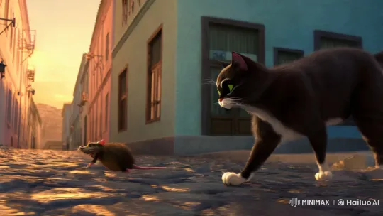 Sleek Cat Chases Grinning Rat in Urban Setting – AI Generated Video | Hailuo AI