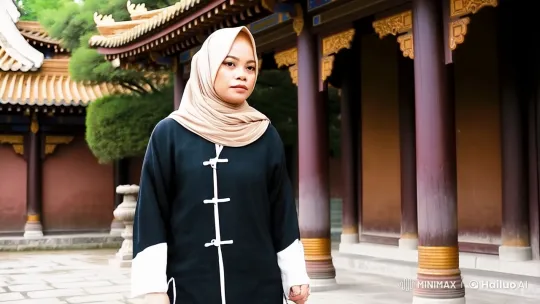 Beige Hijab-Wearing Woman Performs Dynamic Kung Fu in Ancient Chinese Courtyard – AI Generated Video | Hailuo AI