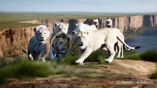 White Lions Escape Peril at Savannah Cliff Edge – AI Generated Video | Hailuo AI