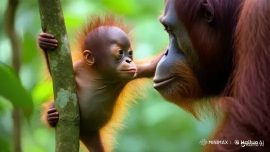 Baby Orangutan Kisses and Embraces Mother in Live2D Jungle Scene – AI Generated Video | Hailuo AI