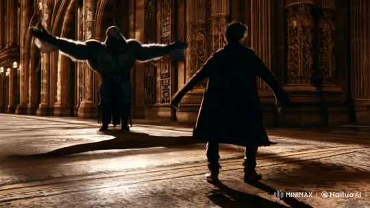 Dramatic Escape in Ornate Hall with Dynamic Camera Work – AI Generated Video | Hailuo AI