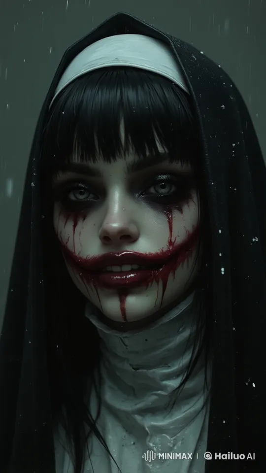 Eerie Nun Figure with Sinister Smile in Rain – AI Generated Video | Hailuo AI