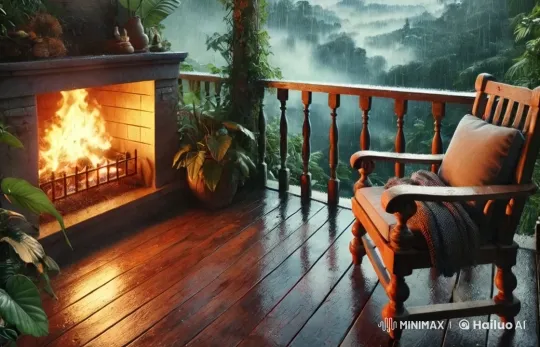 Cozy Balcony with Fireplace and Gentle Rain – AI Generated Video | Hailuo AI