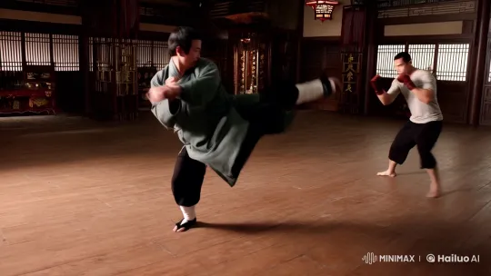 Martial Arts and Boxing Showdown in Dimly Lit Dojo – AI Generated Video | Hailuo AI