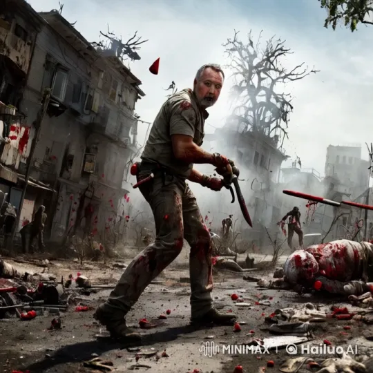 Zombie Hunt: Man with Machete Navigates War-Torn Town – AI Generated Video | Hailuo AI