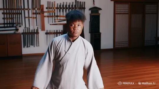 Young Kung Fu Practitioner Demonstrates Mastery in Dojo – AI Generated Video | Hailuo AI