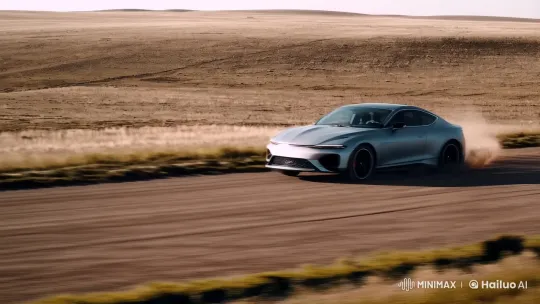 Elegant Car Drift in Vast Landscape with Cinematic Camera Work – AI Generated Video | Hailuo AI