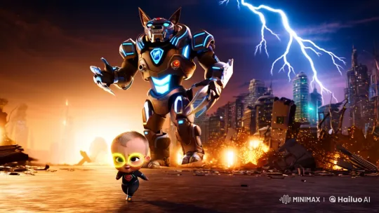 Baby Superhero Faces Colossal Catlord in Futuristic Ruins – AI Generated Video | Hailuo AI