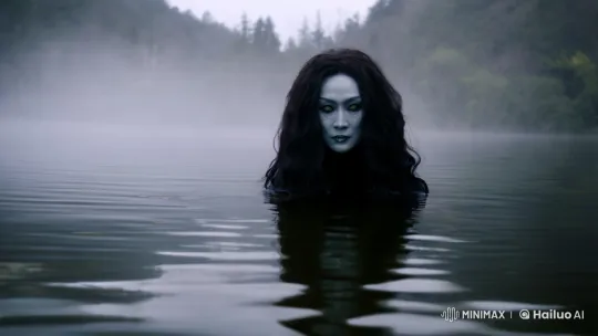 Asian Woman Emerges from Misty Lake in Haunting Scene – AI Generated Video | Hailuo AI