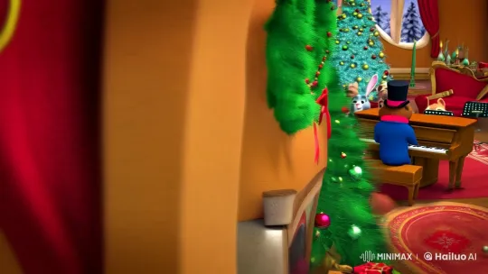 Festive Animals Perform Christmas Carols in Cozy Living Room – AI Generated Video | Hailuo AI