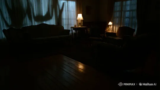 Eerie Pan of a Shadowy, Creaking Living Room – AI Generated Video | Hailuo AI