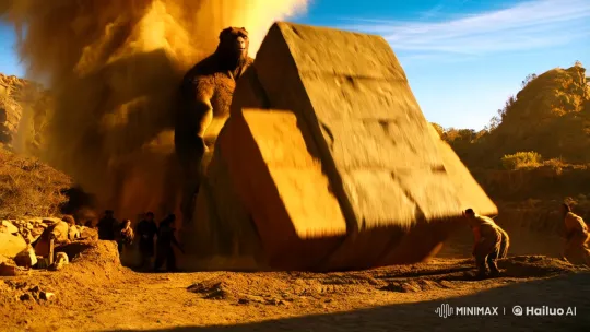Giant and Workers Erect Stone Amidst Dust and Earth Tremors – AI Generated Video | Hailuo AI
