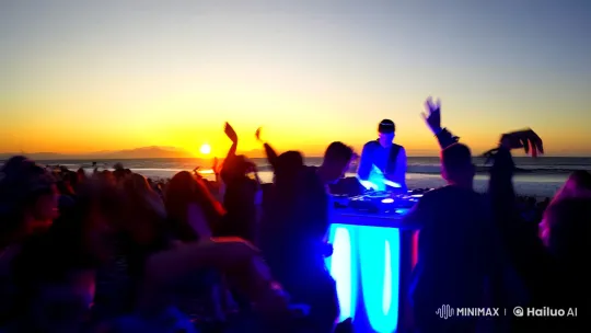 Vibrant Beach Party with Sunset and DJ – AI Generated Video | Hailuo AI