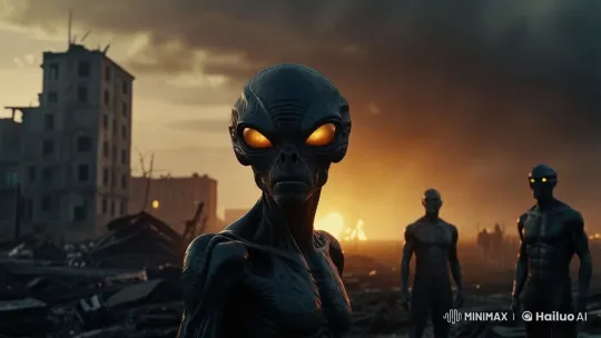 Alien Encounter in a Ruined Cityscape – AI Generated Video | Hailuo AI