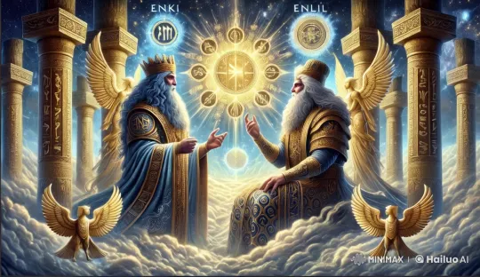 Enki and Enlil in Celestial Dialogue Amidst Mystical Symbols – AI Generated Video | Hailuo AI