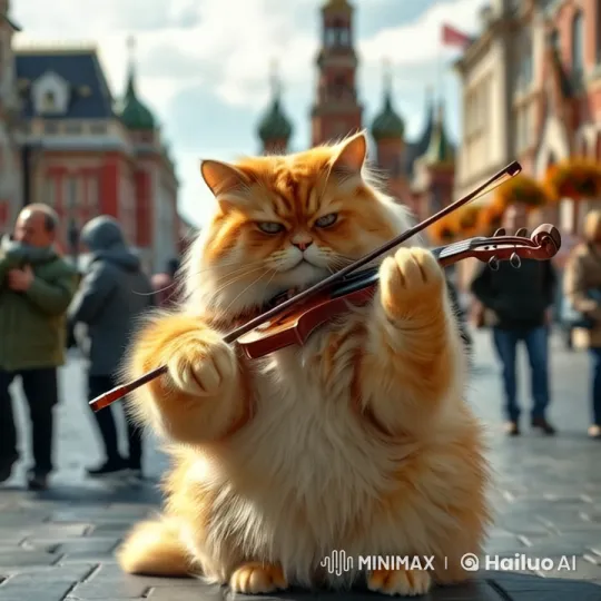 Fluffy Cat Plays Violin in Summer Rain on Bustling Street – AI Generated Video | Hailuo AI