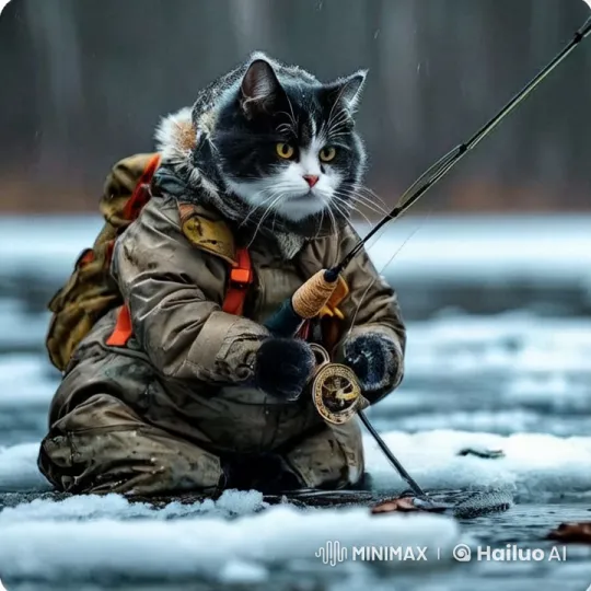 Cat Celebrates Ice Fishing Catch with Joyful Leap – AI Generated Video | Hailuo AI