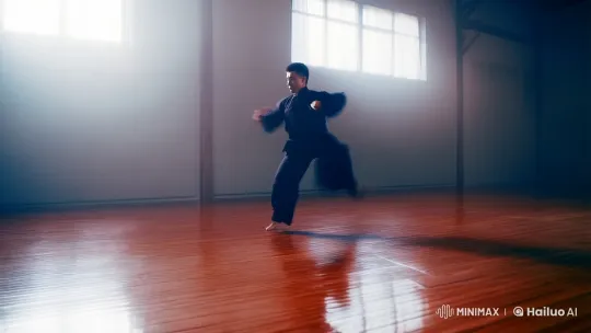 Lone Martial Artist Performs Mesmerizing Kungfu in Dojo – AI Generated Video | Hailuo AI