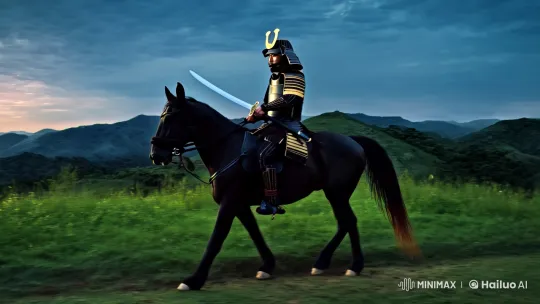 Samurai in Ornate Armor on Majestic Horse at Twilight – AI Generated Video | Hailuo AI