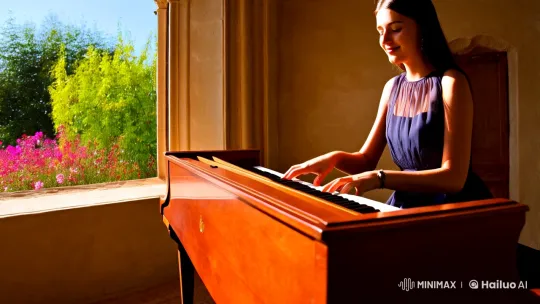 Young Woman Gracefully Plays Piano in Sunlit Medieval Room – AI Generated Video | Hailuo AI