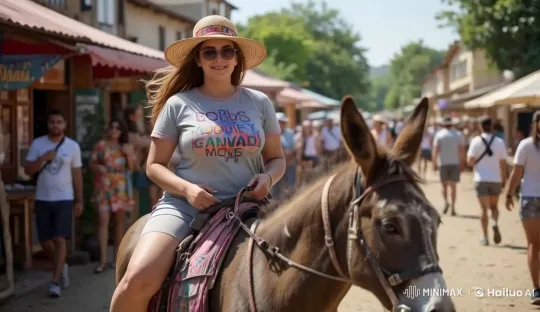 Young Woman Rides Donkey Through Vibrant Market – AI Generated Video | Hailuo AI