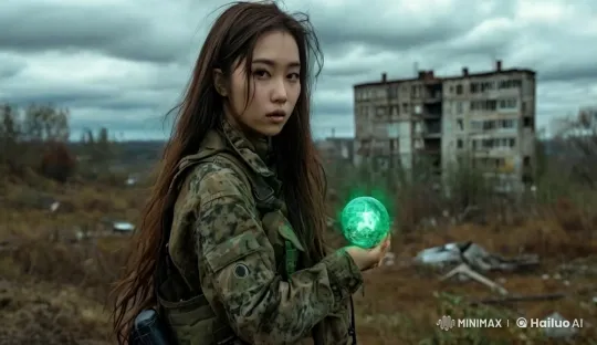 Woman with Glowing Orb in Post-Apocalyptic Setting – AI Generated Video | Hailuo AI