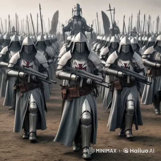 Army of Templars March with Rifles, Spear Ranks in Overcast Sky – AI Generated Video | Hailuo AI