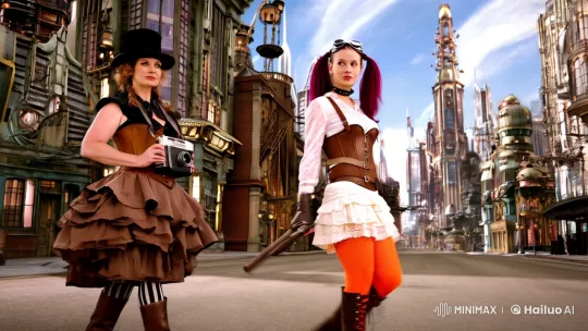 Steampunk Cityscape: Two Women Command Attention – AI Generated Video | Hailuo AI