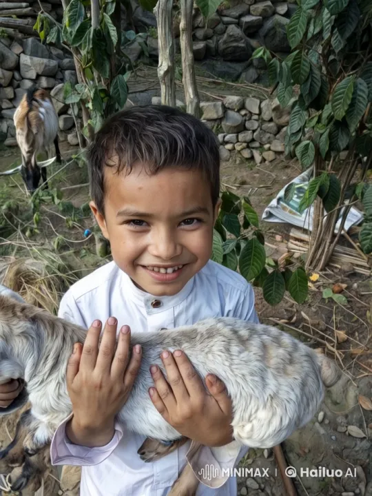 Boy with Goat Amidst Nature's Tranquility – AI Generated Video | Hailuo AI