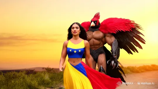 Venezuelan Woman and Guardian Stroll in Cinematic Splendor – AI Generated Video | Hailuo AI