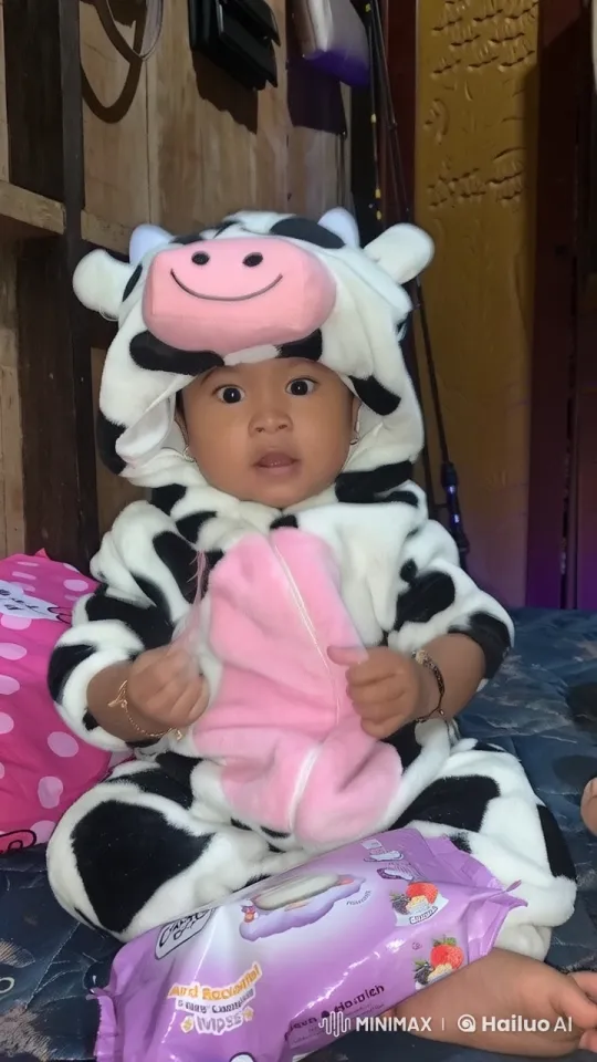Child in Cow Costume Performs Kungfu in Cozy Room – AI Generated Video | Hailuo AI