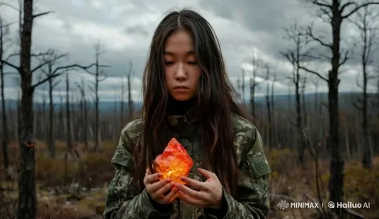 Mystical Crystal in Burned Forest Amidst Eerie Calm – AI Generated Video | Hailuo AI