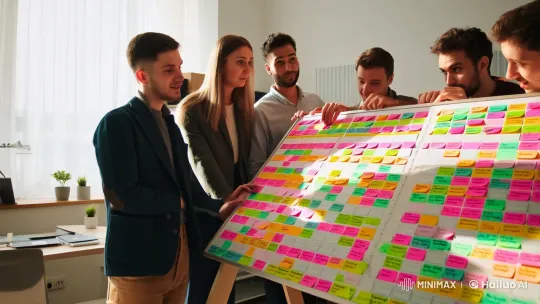 Aesthetic Office Collaboration Around Kanban Board – AI Generated Video | Hailuo AI