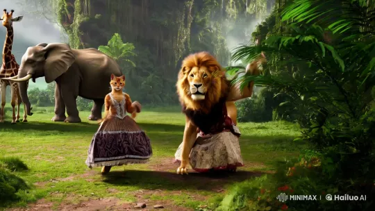 Jungle Ballet: Majestic Lion and Delicate Cat Dance – AI Generated Video | Hailuo AI