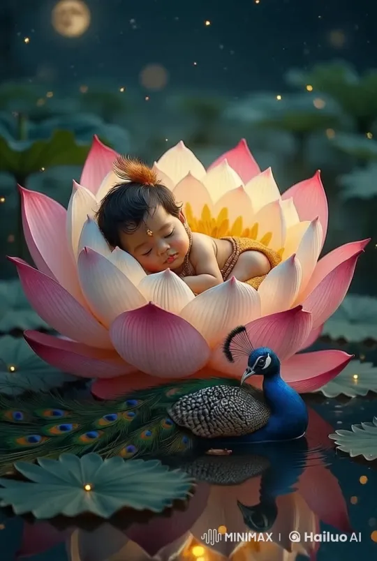 Moonlit Lotus: Baby, Peacock, and Fireflies Enchantment – AI Generated Video | Hailuo AI