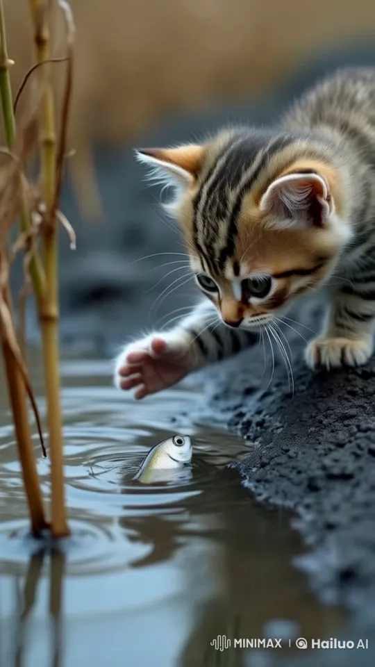 Curious Kitten Explores Fish in Shallow Puddle – AI Generated Video | Hailuo AI