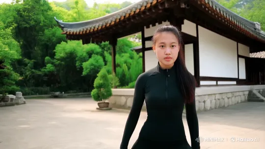 Young Woman Practices Martial Arts in Lush Courtyard – AI Generated Video | Hailuo AI