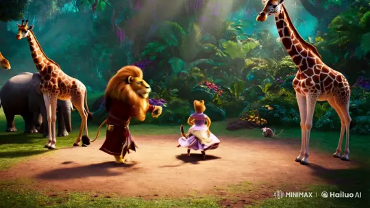 Lion and Cat Dance in Synchronized Harmony Amidst Jungle Beauty – AI Generated Video | Hailuo AI