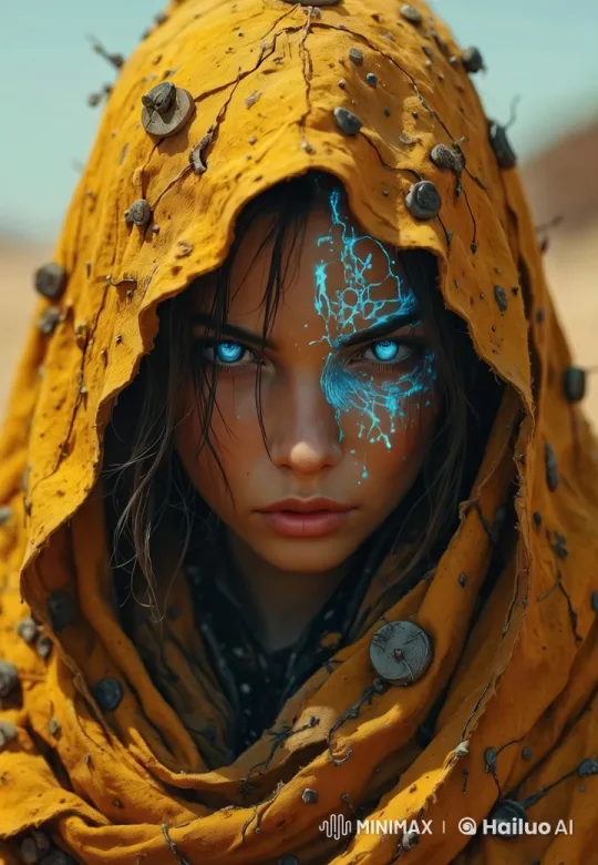 Mysterious Girl in Yellow Cloak with Glowing Eyes – AI Generated Video | Hailuo AI