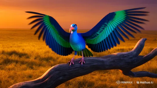 Olugbon Agbe Bird Glides Over Golden Savannah at Dusk – AI Generated Video | Hailuo AI