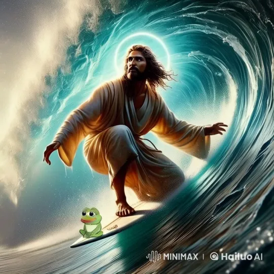 Majestic Figure Gracefully Surfs with Animated Frog – AI Generated Video | Hailuo AI