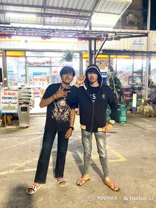 Two Friends Celebrate Outside a Nighttime Convenience Store – AI Generated Video | Hailuo AI