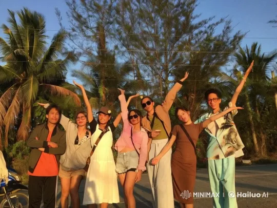 Six Friends Practice Kung-Fu in Lush Palm Grove – AI Generated Video | Hailuo AI