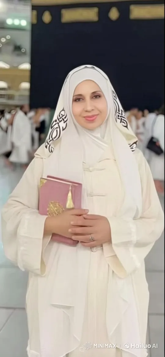 Woman in White Robe and Headscarf at Landmark Holding Book – AI Generated Video | Hailuo AI