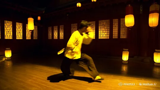 Stunning Kung Fu Fight in Golden-Lit Training Hall – AI Generated Video | Hailuo AI