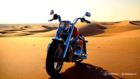 Chrome Motorcycle Showcased in Desert Panorama – AI Generated Video | Hailuo AI