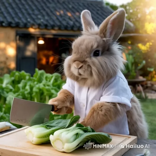 Fluffy Rabbit Chef Prepares Bok Choy in Peaceful Garden – AI Generated Video | Hailuo AI